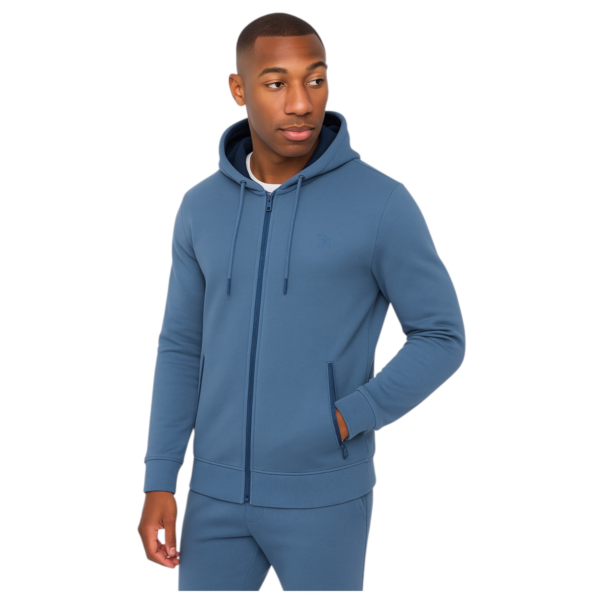 Men's JDN full zip hoodie in air force blue with drawstring hood and side zip pockets